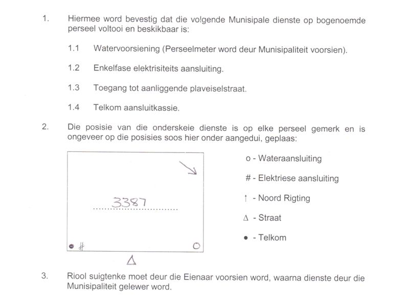 Official municipal document confirming available utility services including water, electricity, and telecommunications for the residential plot.