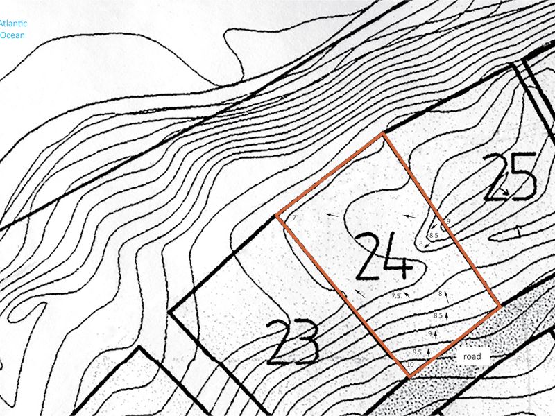 Topographical survey map showing the layout and elevation contours of residential plot 24, situated near the Atlantic Ocean.
