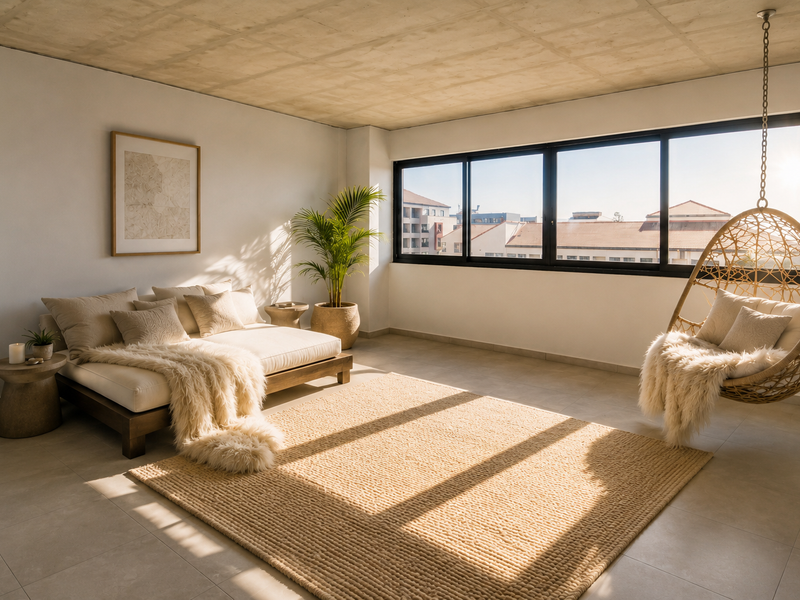 Bright and modern living area featuring an exposed concrete ceiling, large sliding windows, and neutral tiled flooring with ample natural light.