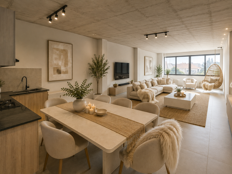 Modern open-plan living area featuring an exposed concrete ceiling, sleek kitchen cabinetry, gas hob, and large windows providing ample natural light.
