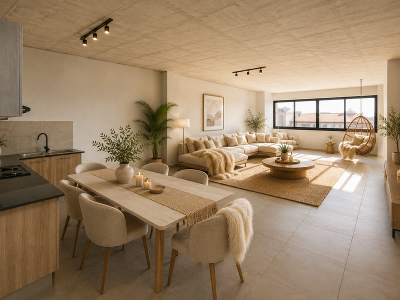Spacious open-plan living area featuring an exposed concrete ceiling, modern track lighting, tiled floors, and a contemporary kitchen with stone countertops.