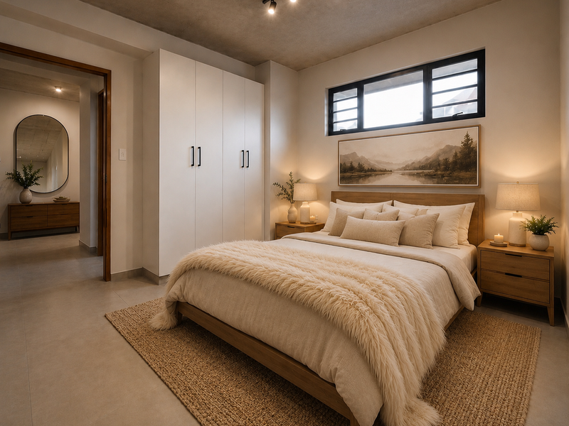 A modern, well-lit bedroom featuring built-in wardrobes, tiled flooring, and a neutral color palette, creating a clean and contemporary living space.