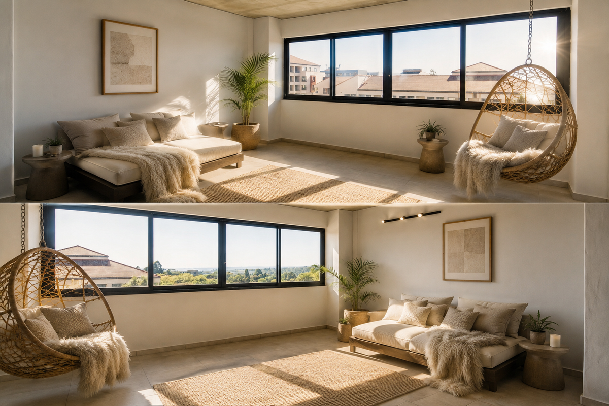 Bright and airy living room featuring large sliding windows, neutral tiled flooring, and an exposed concrete ceiling with a modern aesthetic.