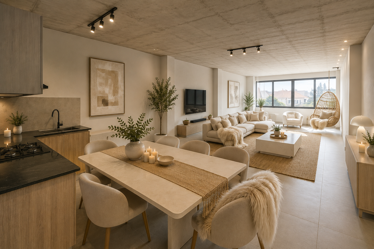 Modern open-plan living area featuring an exposed concrete ceiling, sleek kitchen cabinetry, gas hob, and large windows providing ample natural light.