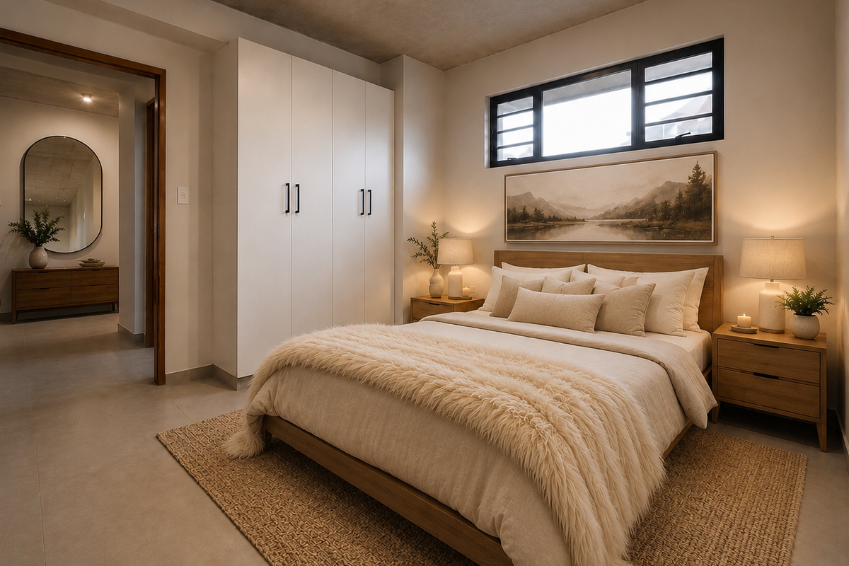 A modern, well-lit bedroom featuring built-in wardrobes, tiled flooring, and a neutral color palette, creating a clean and contemporary living space.