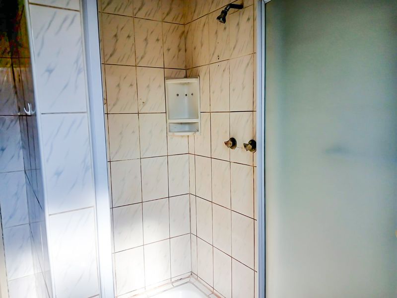 A functional shower enclosure featuring tiled walls, a built-in niche, and a frosted glass door, requiring minor maintenance to refresh the finishes.