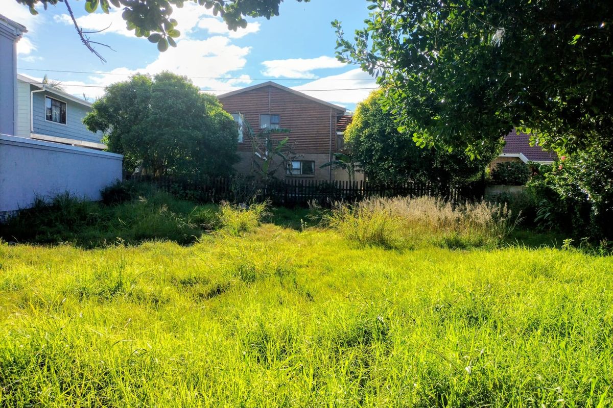 A view of a vacant residential plot featuring overgrown grass and established trees, bordered by existing residential properties.