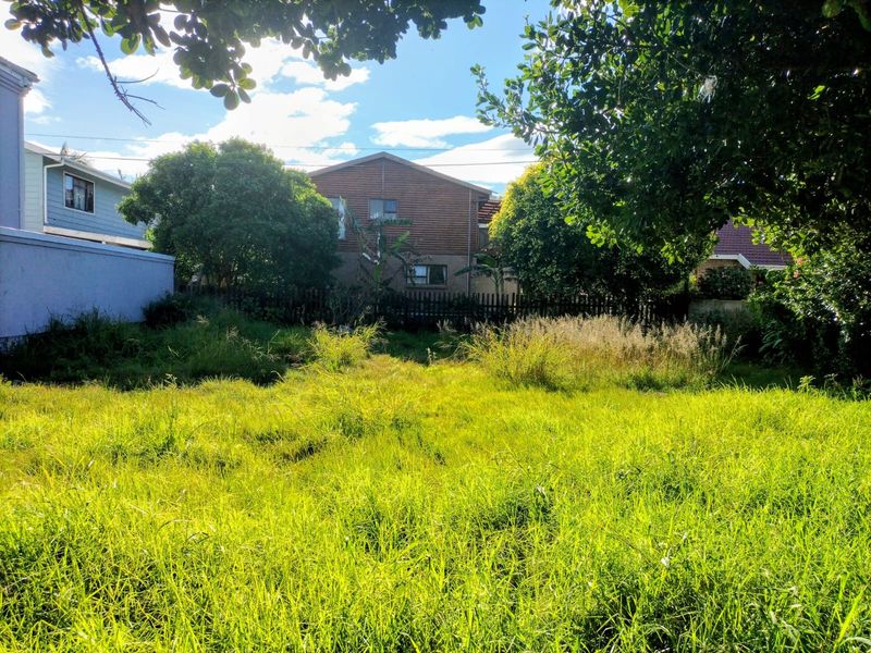 A view of a vacant residential plot featuring overgrown grass and established trees, bordered by existing residential properties.
