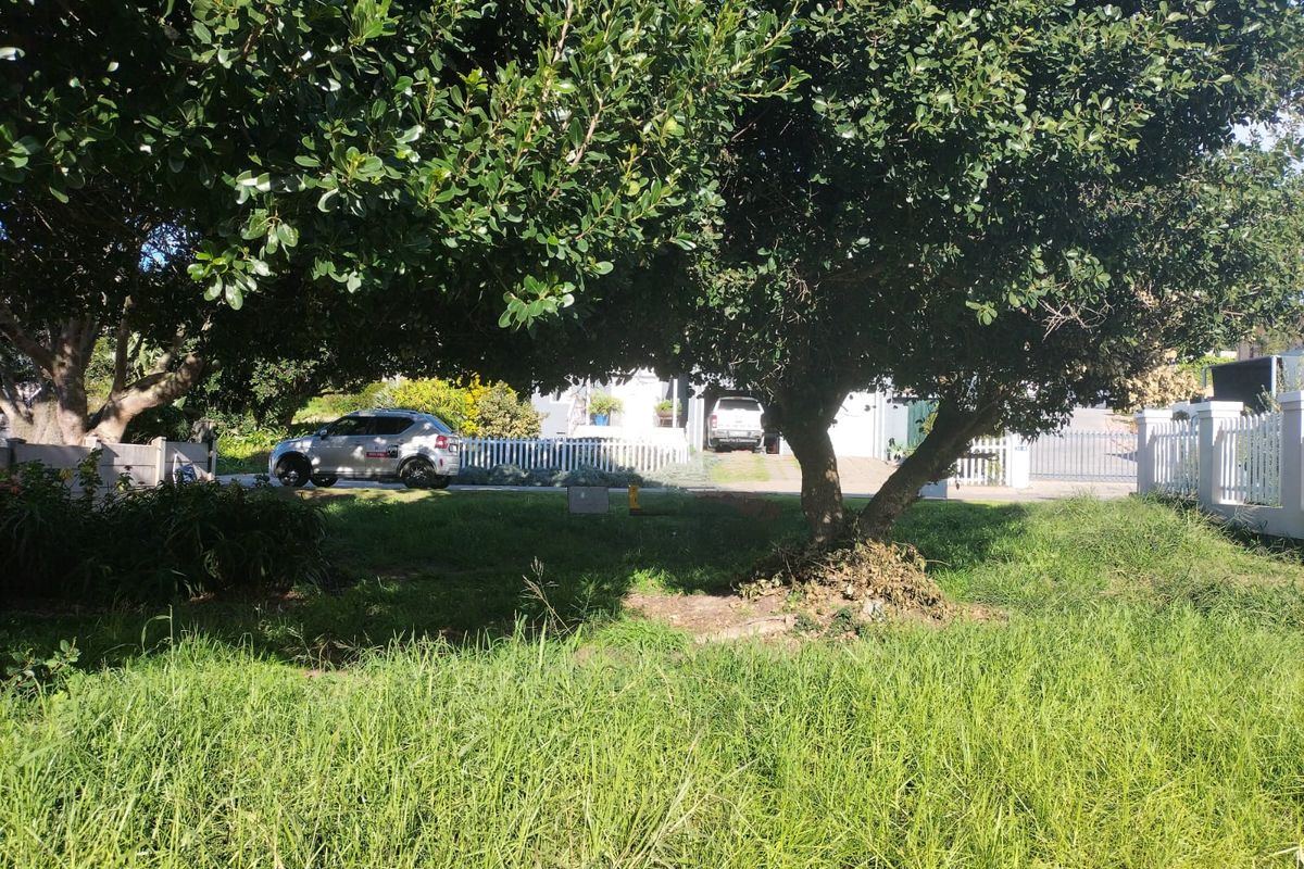 A view of a residential garden plot featuring mature trees and a white picket fence boundary.
