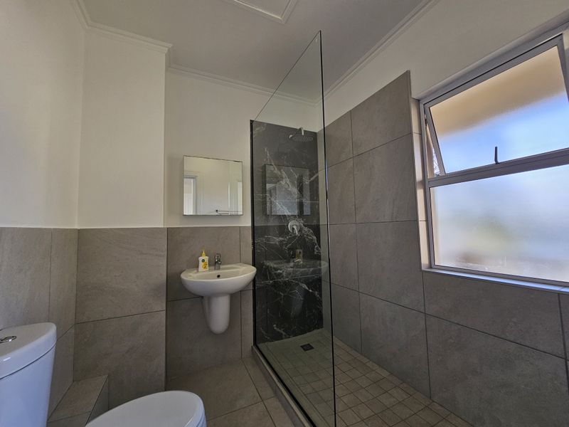 A modern, well-maintained bathroom featuring a walk-in shower with dark marble-effect tiling, a pedestal basin, and a toilet with neutral grey wall and floor tiles.