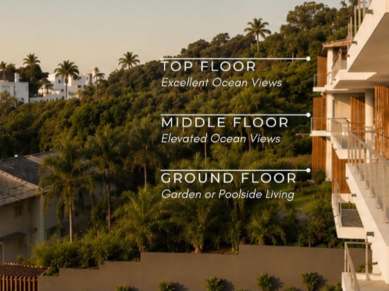 Exterior view of a multi-story apartment building featuring private balconies with glass balustrades and timber privacy screens overlooking lush landscaped grounds.