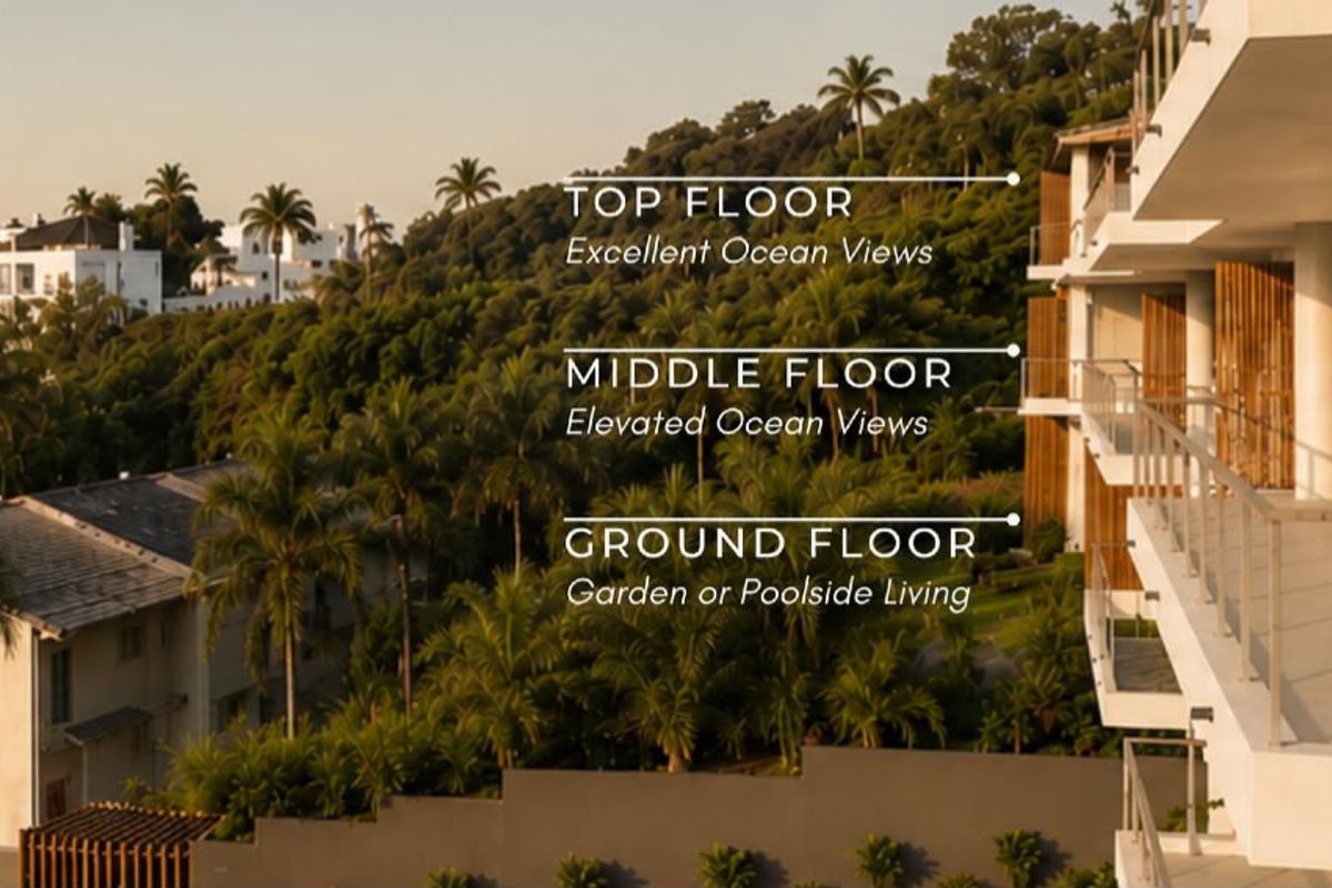 Exterior view of a multi-story apartment building featuring private balconies with glass balustrades and timber privacy screens overlooking lush landscaped grounds.