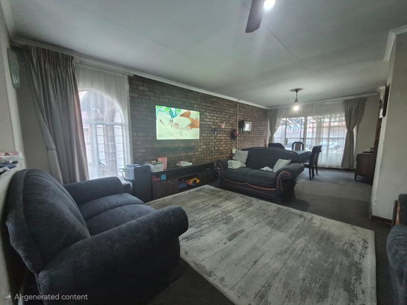 Open-plan living and dining area featuring an exposed brick feature wall, ceiling fan, and large arched windows providing natural light.