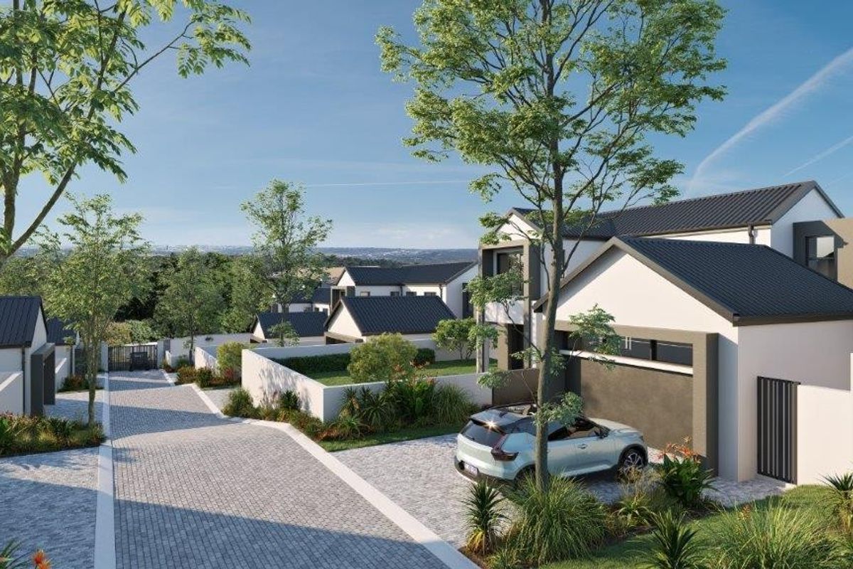 A high-quality architectural rendering of a modern cluster development featuring paved driveways, pitched roofs, and landscaped surroundings.