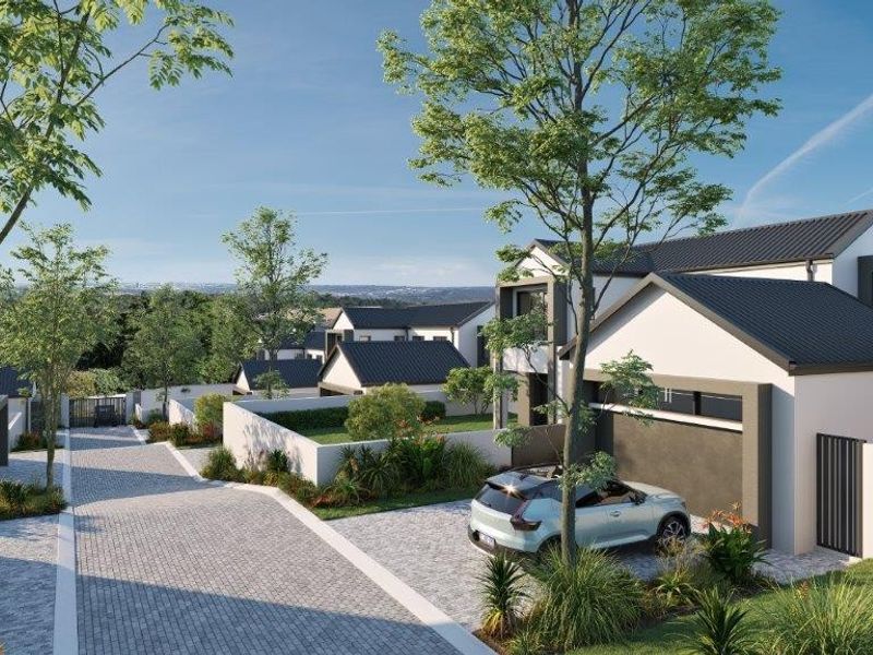 A high-quality architectural rendering of a modern cluster development featuring paved driveways, pitched roofs, and landscaped surroundings.