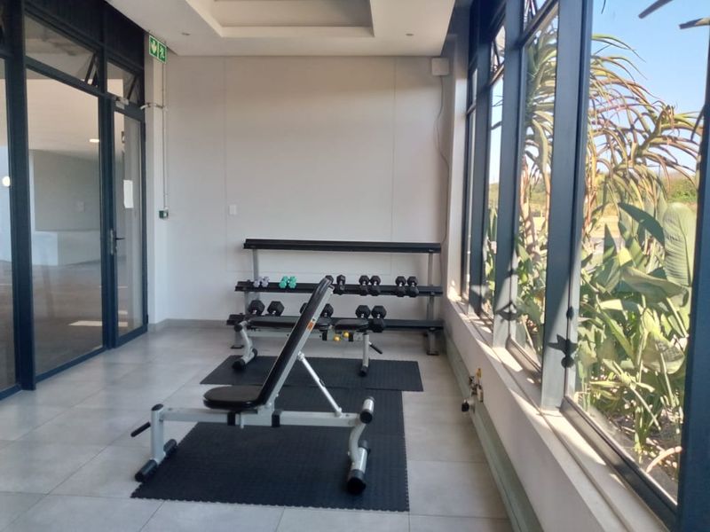 A bright, modern gym space featuring large floor-to-ceiling windows, tiled flooring, and recessed ceiling lighting, offering a clean and functional workout environment.