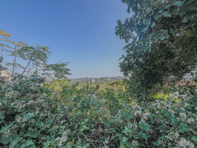 A scenic view overlooking a lush, green landscape with distant residential structures under a clear blue sky.