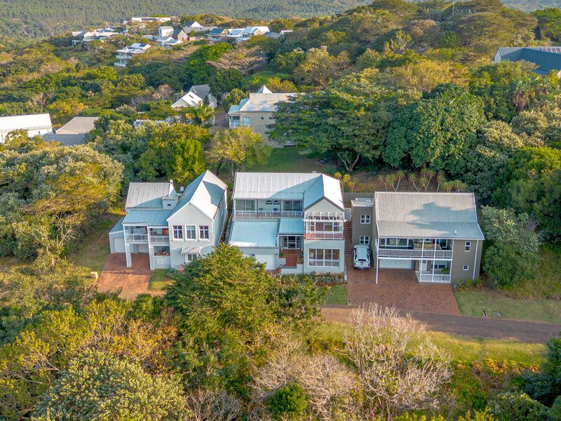 Aerial view of a residential property complex featuring multi-level homes with metal roofing, balconies, and paved driveways set within a lush, wooded estate.
