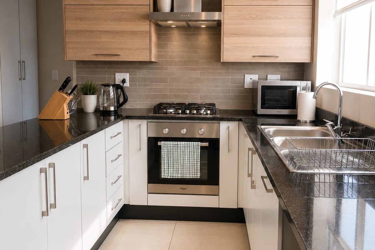 Modern galley kitchen featuring light wood and white cabinetry, granite countertops, stainless steel appliances, and a stylish subway tile backsplash.