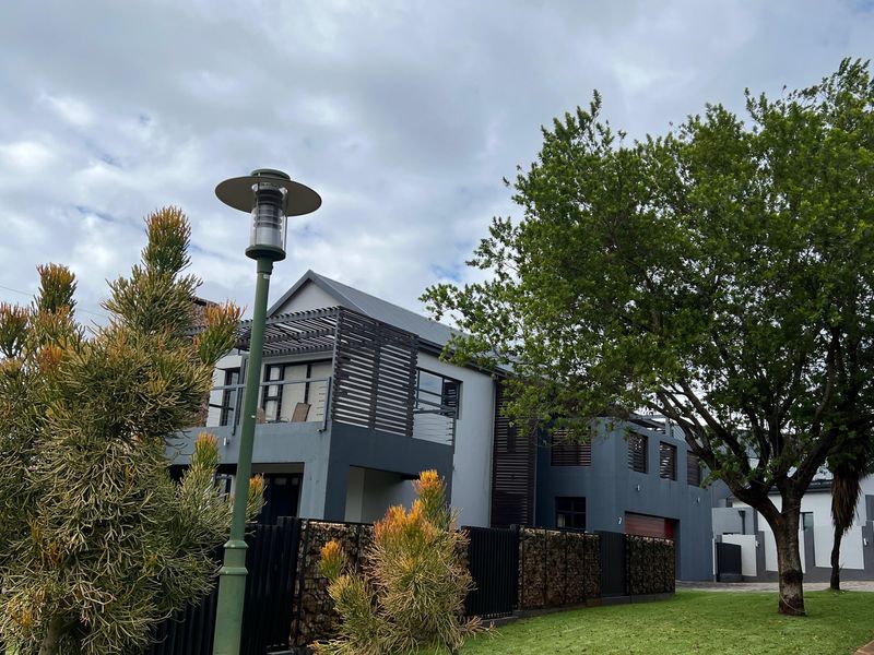 Front exterior view of a modern multi-story house featuring a gabion wall, timber pergola, and paved driveway.
