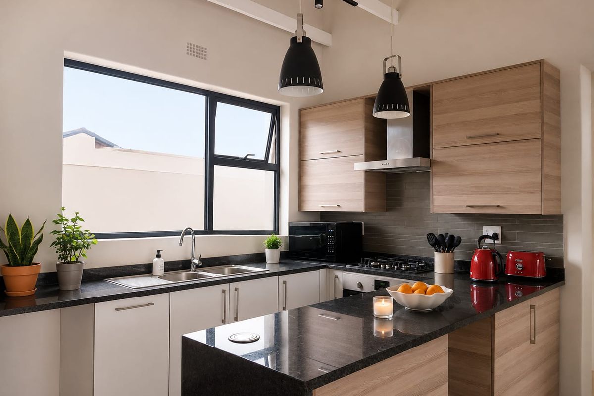 Modern kitchen featuring sleek wood-tone cabinetry, dark granite countertops, a gas hob with extractor fan, and a functional breakfast bar layout.
