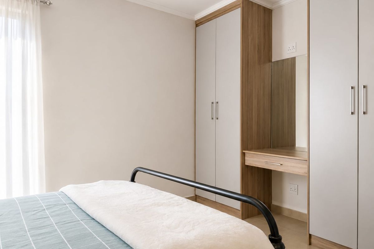 A well-maintained bedroom featuring modern built-in cupboards with an integrated vanity unit and neutral tiled flooring.