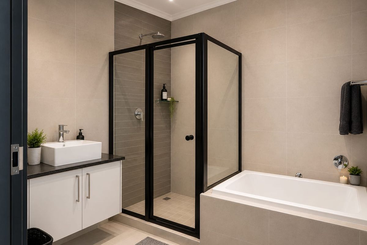 Modern bathroom featuring a sleek glass-enclosed shower, a built-in bathtub, and a contemporary vanity with a countertop basin and neutral wall tiling.