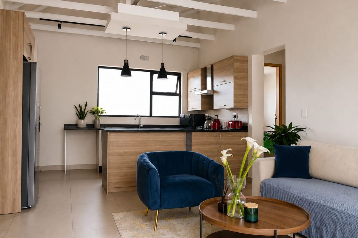 Modern open-plan living area featuring a contemporary kitchen with wood-look cabinetry, black stone countertops, and exposed white timber ceiling beams.