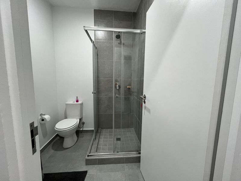 A clean, modern bathroom featuring a glass-enclosed shower with grey tiling and a standard white toilet.