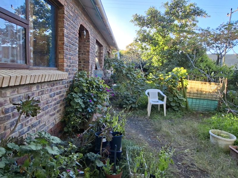A rear exterior view of the property featuring face brick walls, aluminium window frames, and an established garden area.