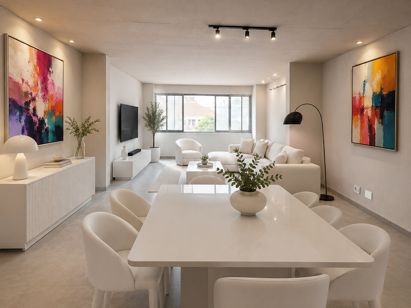 A bright and modern open-plan living and dining area featuring neutral tones, tiled flooring, and contemporary recessed and track lighting.
