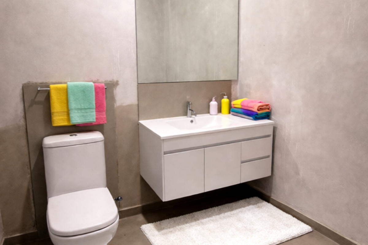 Modern bathroom featuring a wall-mounted vanity, large mirror, and dual-flush toilet, finished with industrial-style concrete walls and tiled flooring.