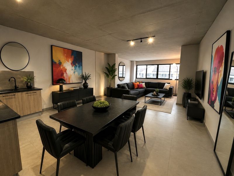 Modern open-plan living area featuring an exposed concrete ceiling, tiled flooring, and a sleek kitchenette with a black sink and track lighting.
