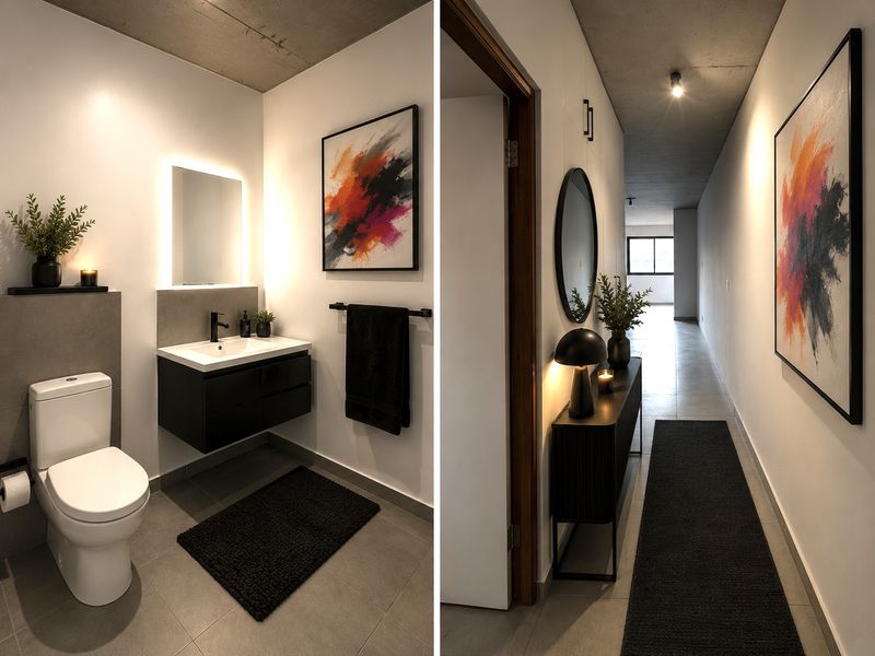 A composite image showing a modern bathroom with a floating vanity and a connecting hallway featuring exposed concrete ceilings and tiled floors.