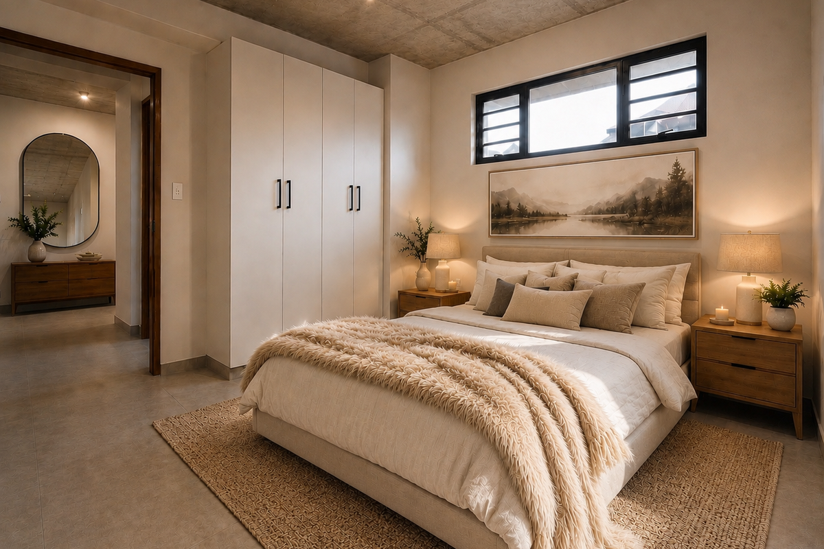 Modern bedroom featuring an exposed concrete ceiling, built-in wardrobe, tiled flooring, and a horizontal window, creating a warm and contemporary living space.