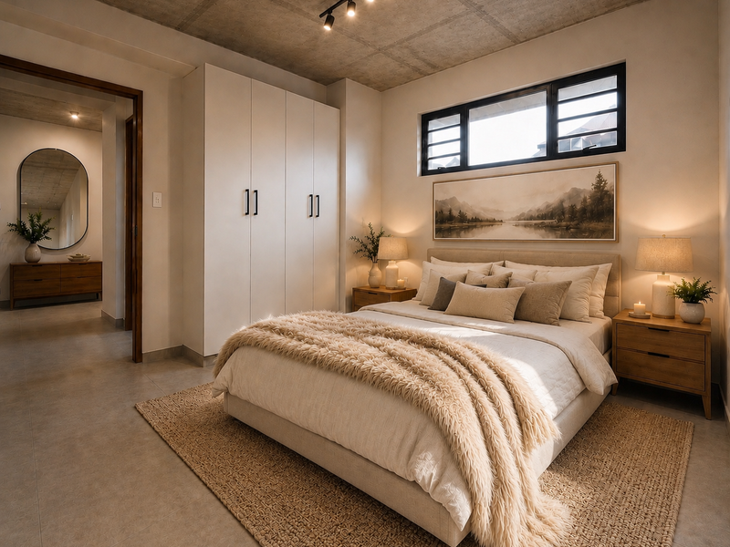 Modern bedroom featuring an exposed concrete ceiling, built-in wardrobe, tiled flooring, and a horizontal window, creating a warm and contemporary living space.