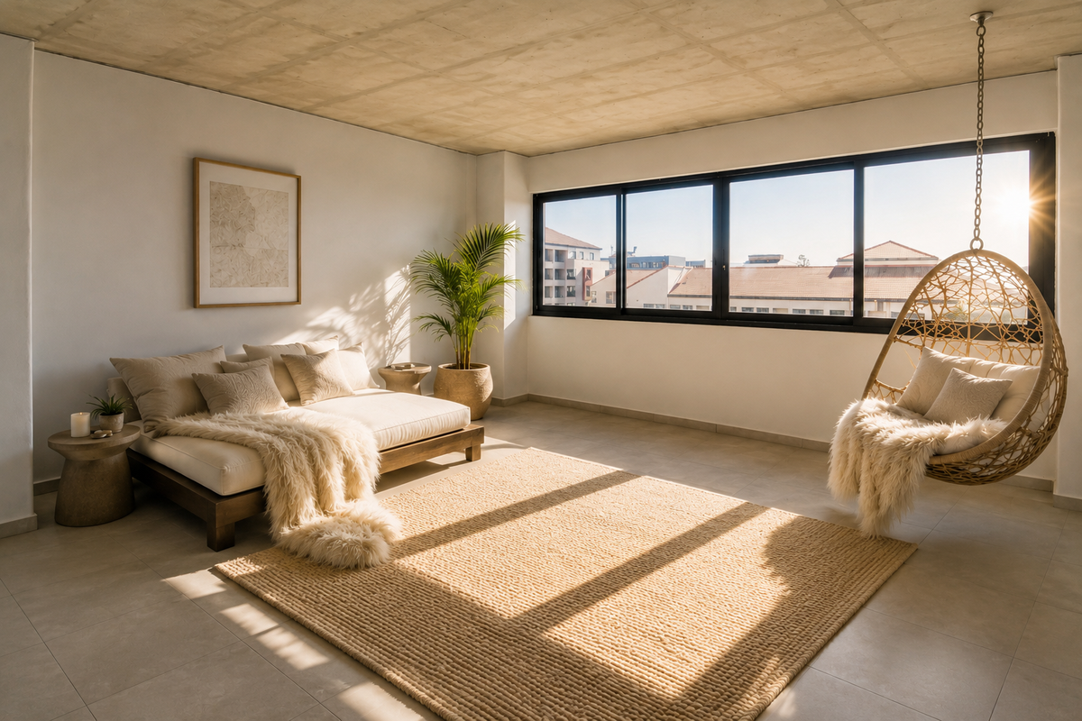 Bright and modern living area featuring an exposed concrete ceiling, large sliding windows, and neutral tiled flooring with ample natural light.