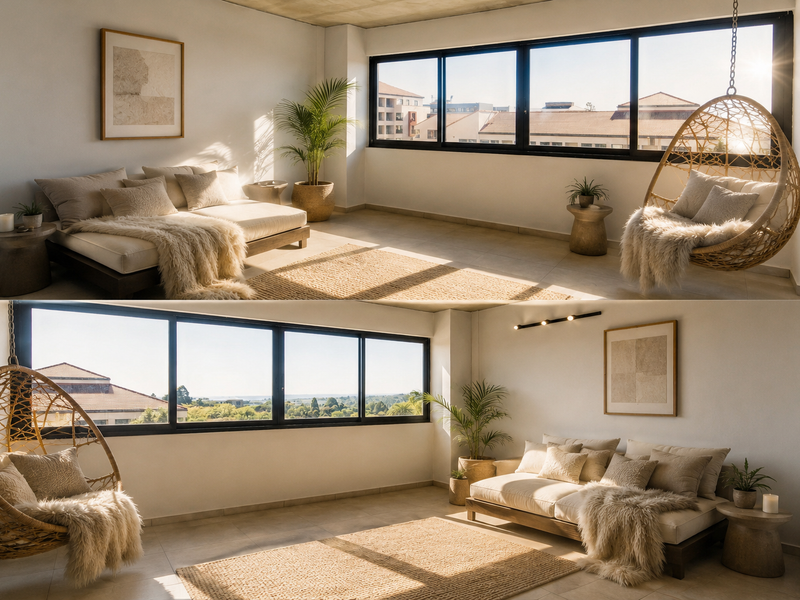 Bright and airy living room featuring large sliding windows, neutral tiled flooring, and an exposed concrete ceiling with a modern aesthetic.