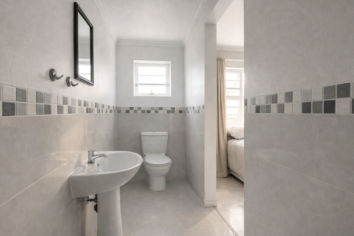 A clean, modern bathroom featuring a pedestal washbasin, toilet, and neutral tiled walls with a decorative mosaic border.
