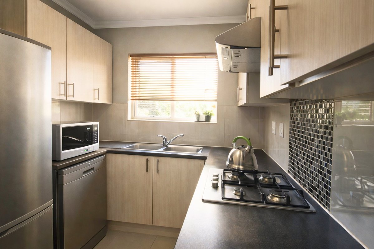 A well-maintained kitchen featuring light wood cabinetry, dark countertops, a gas hob with extractor fan, and a modern mosaic tile backsplash.