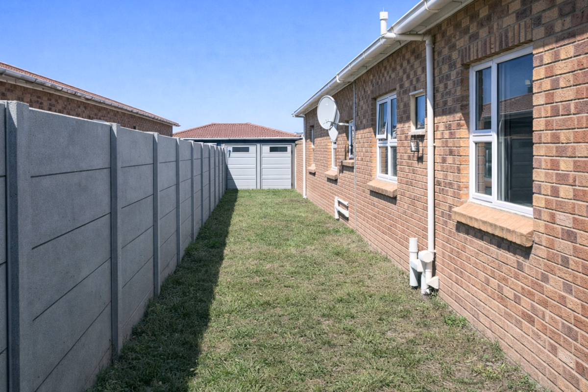 A side exterior view of the property featuring a brick facade, precast concrete boundary wall, and a narrow grassed walkway.