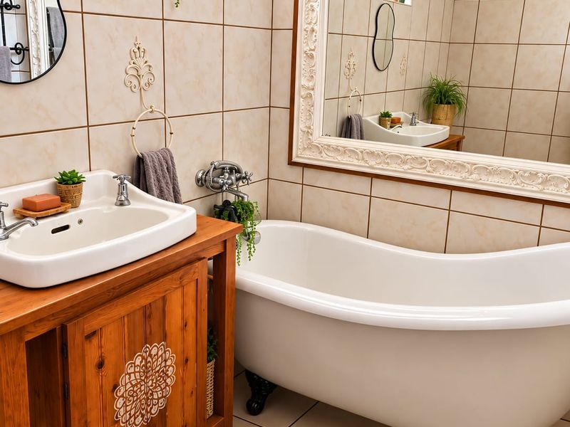 A well-maintained bathroom featuring a classic freestanding clawfoot bathtub, a wooden vanity cabinet with a ceramic basin, and decorative wall tiling.