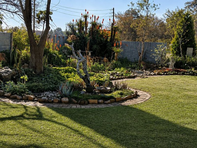 A well-maintained garden featuring established trees, landscaped beds with brick edging, corrugated metal fencing, and a small greenhouse structure.