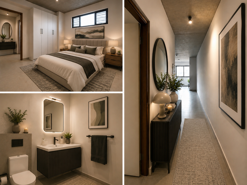 A high-quality collage showcasing a modern bedroom, a sleek hallway with exposed concrete ceilings, and a contemporary bathroom with premium fixtures.