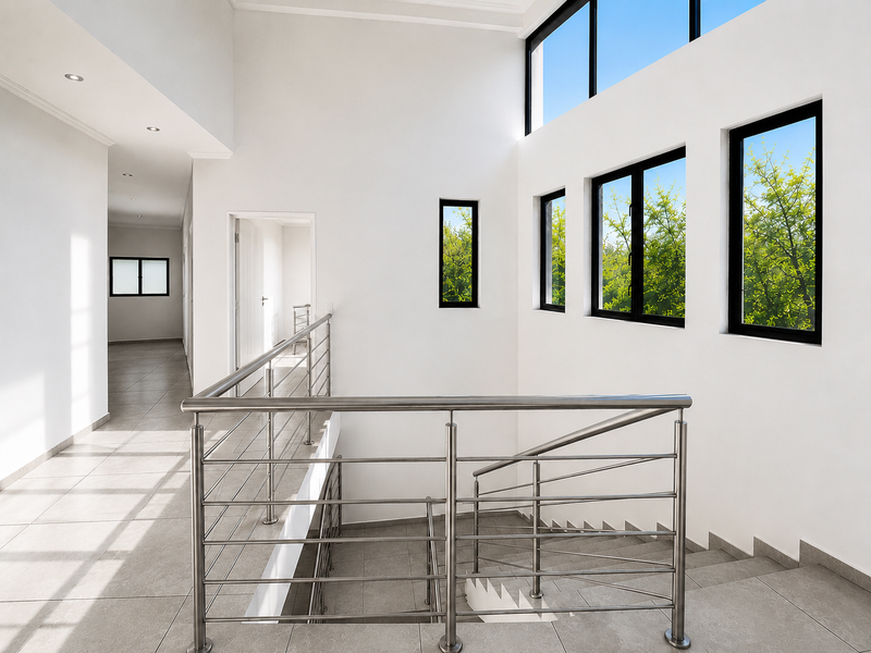 A bright, modern landing area featuring a stainless steel balustrade, tiled flooring, and large windows that allow for ample natural light.