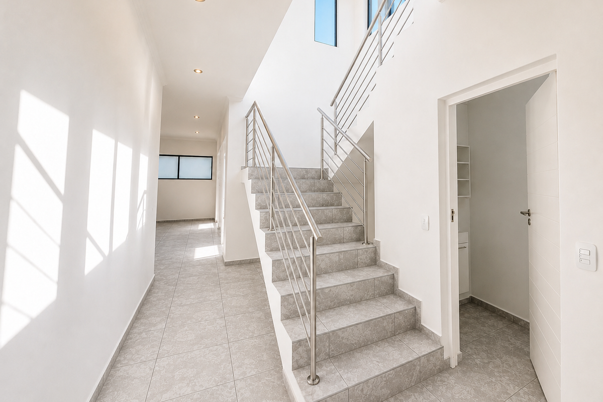 A bright, modern hallway featuring a tiled staircase with stainless steel balustrades, recessed lighting, and neutral floor tiles leading to an open living area.