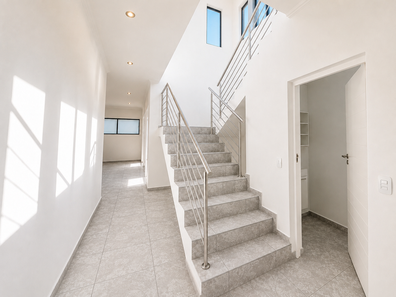 A bright, modern hallway featuring a tiled staircase with stainless steel balustrades, recessed lighting, and neutral floor tiles leading to an open living area.