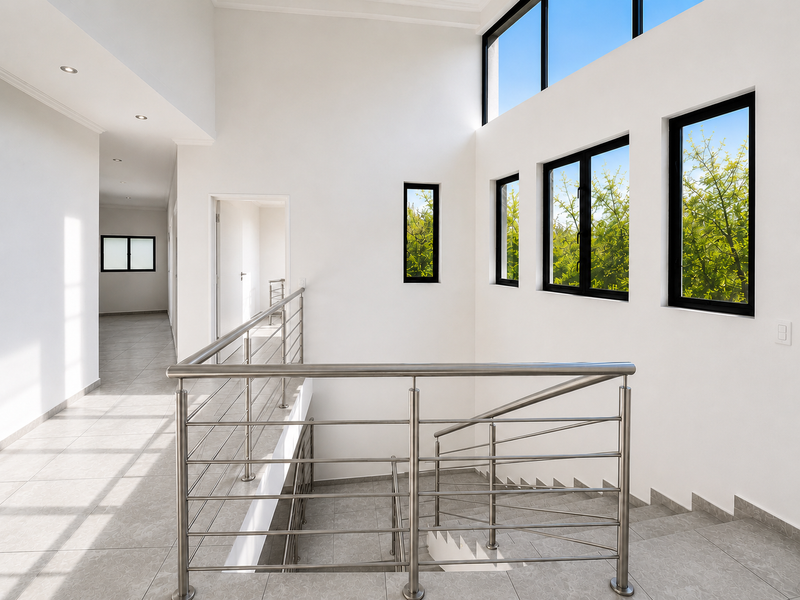 Bright and modern upper-level landing featuring tiled flooring, a sleek stainless steel balustrade, and large windows providing ample natural light.