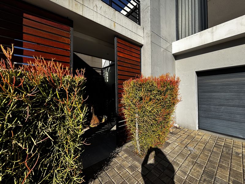 Front entrance area featuring modern timber slatted sliding screens, concrete architectural detailing, and a paved driveway leading to a garage.
