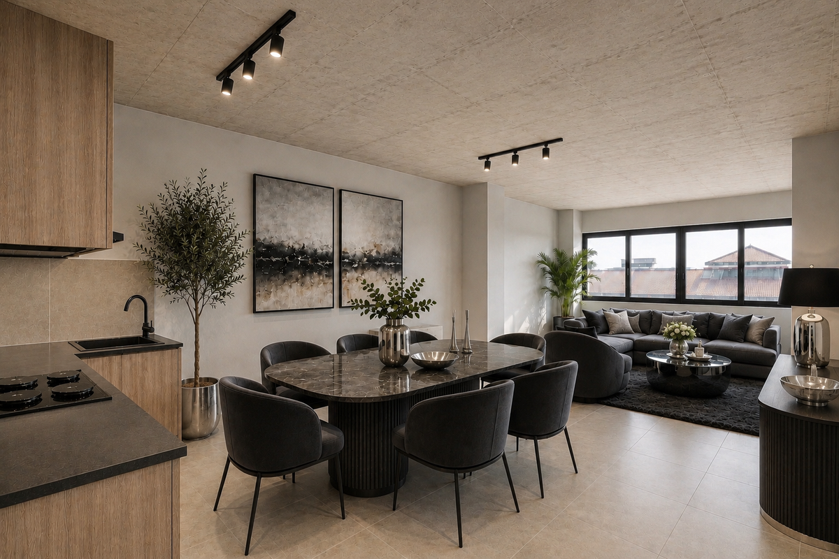 Modern open-plan living area featuring a sleek kitchen with built-in cabinetry, dining space, and a comfortable lounge area with large windows.